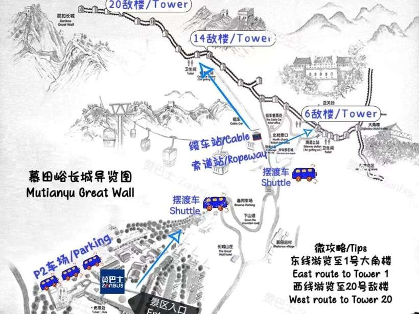Mutianyu Great Wall Bus, Departure 8/9/10am, Return 3/4/5pm - Key points at a glance